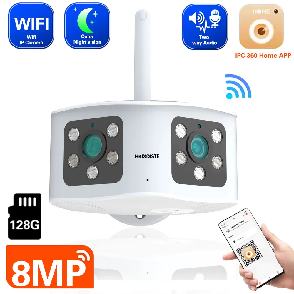 4K Dual Lens Outdoor Home Wifi Security Camera 8MP Ultra Wide Angle 180° Ip Cctv Mini Video Protection Surveillance System