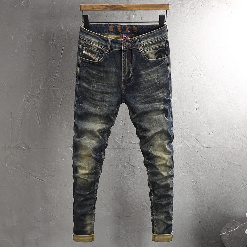 Fashion Designer Men Jeans High Quality Retro Washed Blue Stretch Slim Fit Ripped Jeans Men Italian Style Vintage Denim Pants