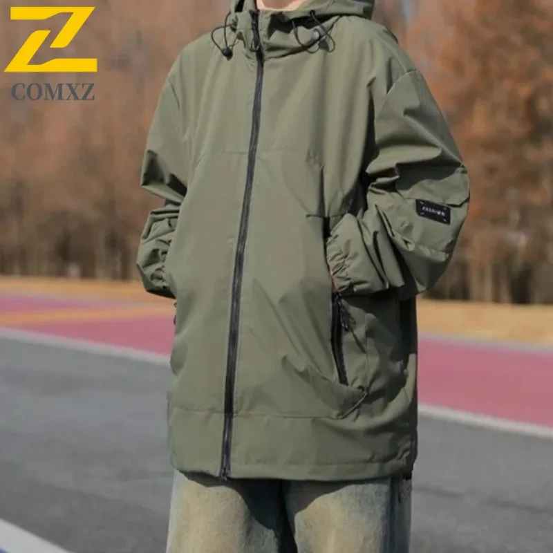 COMXZ Jacket Men Streetwear Waterproof Windproof Oversized Workwear Coat for Hiking Camping Fishing Hooded Outdoor Techwear2025