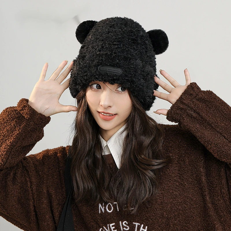 Sweet and Cute Bear Ear Knitted Hat for Children's Autumn and Winter Thickened Versatile Warmth Soft Glutinous Plush Ear Protection Cap_voghion.com