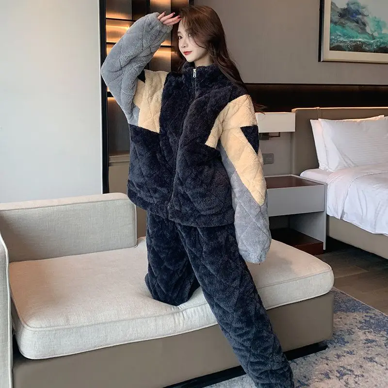 2023 New Winter couples matching pajamas Coral Fleece Thickened Warm Two-Piece Suit Loose Casual  stand collar Nightclothes