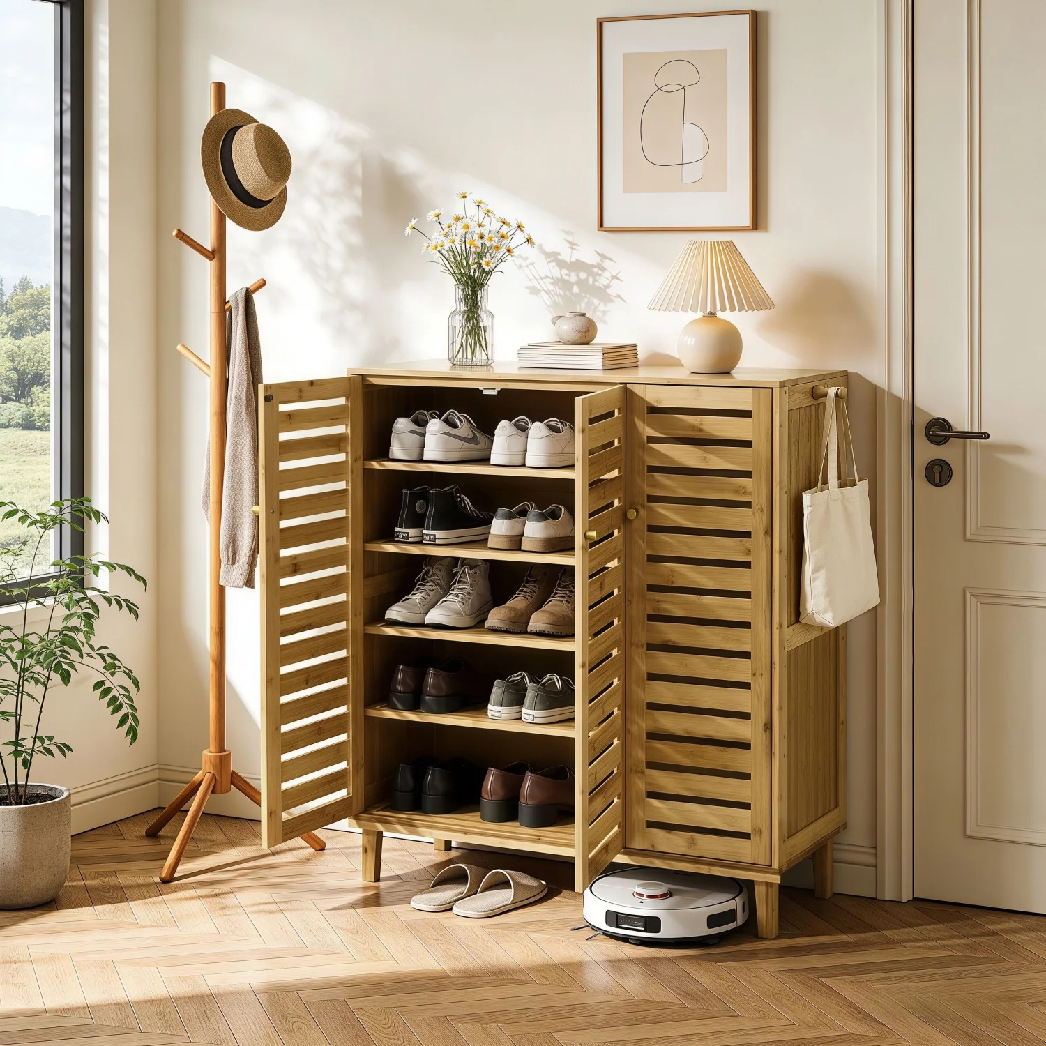5 Tier Natural Wood Shoe Storage Cabinet Organizer Ventilated Slatted Doors 2 Or 3 Doors Shoes Rack for Entryway Hallway Closet