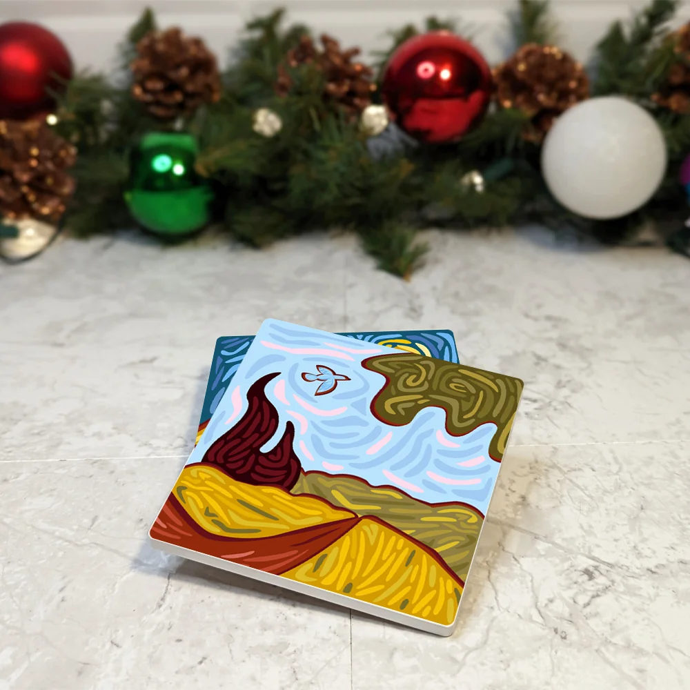 

Landscape Oil Painting Design Enamel Coasters for Drinks Square Enamel Coaster Housewarming Tabletop Protection Mat for Mugs