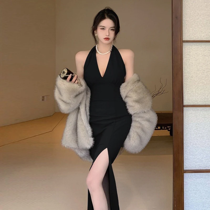 

French Retro Halter Dress Women Sexy Split V-neck Suspender Dresses Fashion Slim Birthday Party Dress New Summer Female Clothing