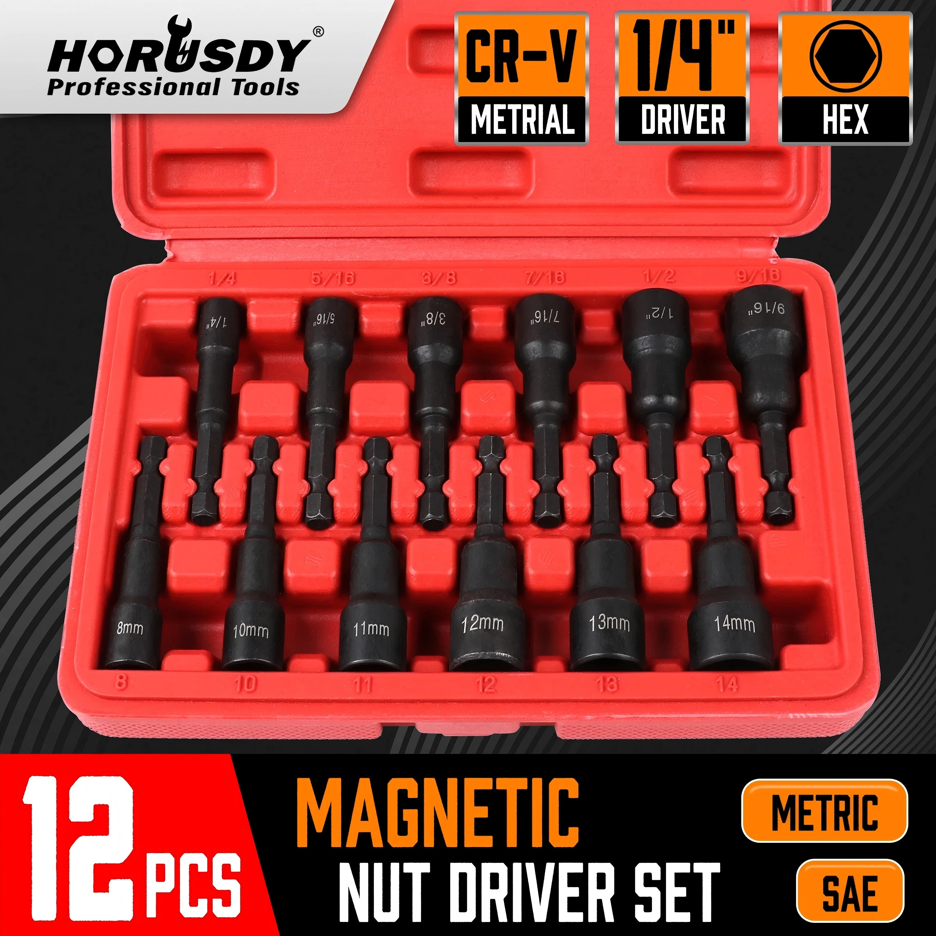 HORUSDY 12Pc Magnetic Nut Driver Set Metric & Imperial Socket Drill Bit Adaptor 1/4" Hex