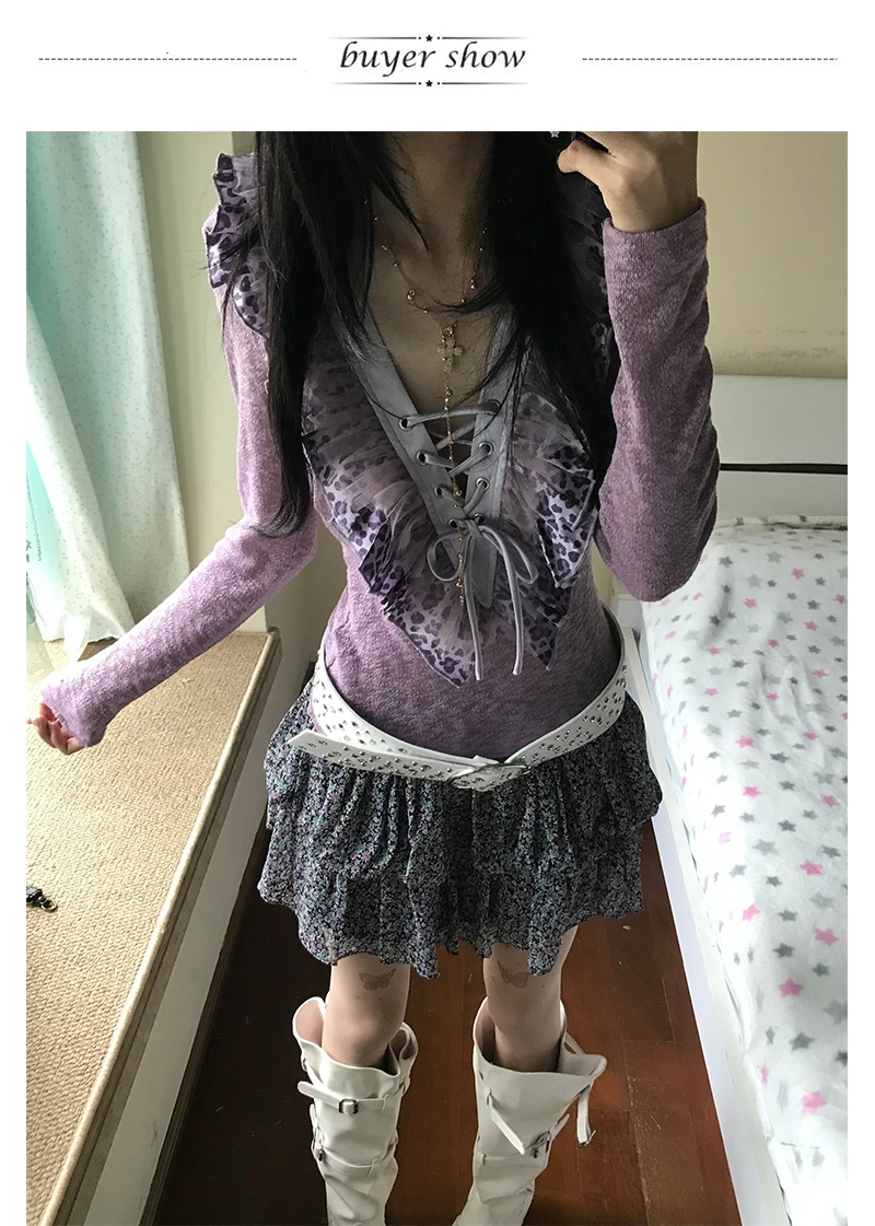 Karrram Japanische Y2k Rüschen Gestrickte Tops Vintage Harajuku Langarm V-Ausschnitt Strick T-Shirt Trashy 2000er Jahre Schnürung Lila Strickwaren – Detail 2