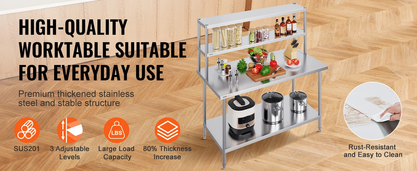 SucceBuy Stainless Steel kitchen worktable Overshelf with Height Adjustable Overshelf Prep Work Table for Kitchen Restaurant