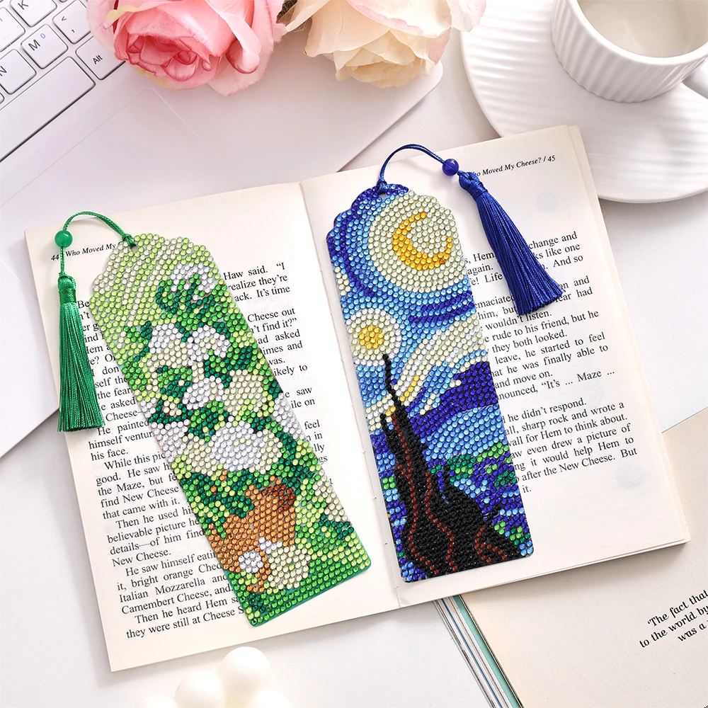 Vintage Diamond Painting Bookmarks Kit Set Large Size Creative Diamond Paste Round Sparkling Designs Bookmarks 4pcs/pack bookmarks stationery supplies