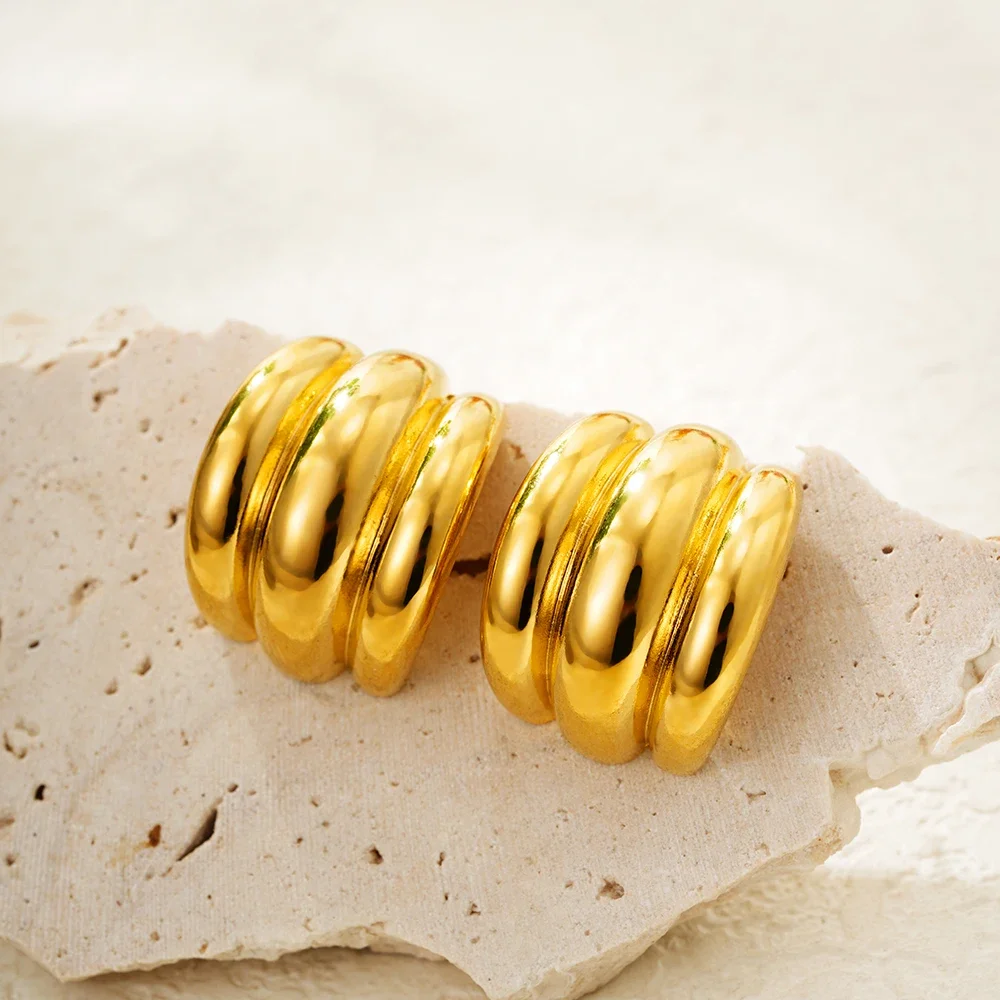 Stylish Polished Lightweight Geometric Big Studs 18K Gold Plated Waterproof Wave C Shape Stainless Steel Dangle Earrings Gifts