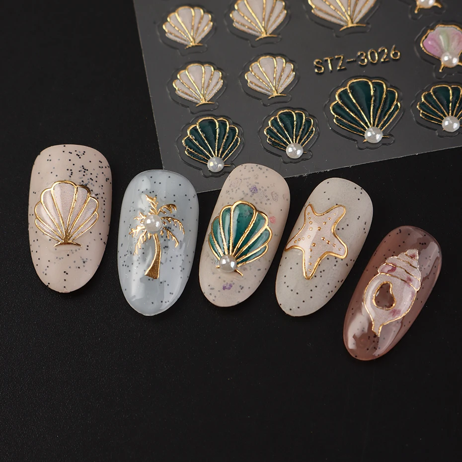 2개 빈티지 바다 테마 네일 스티커, 브론징 바다 조개 불가사리 코코넛 나무, 보석 네일 데칼, 매니큐어 액세서리