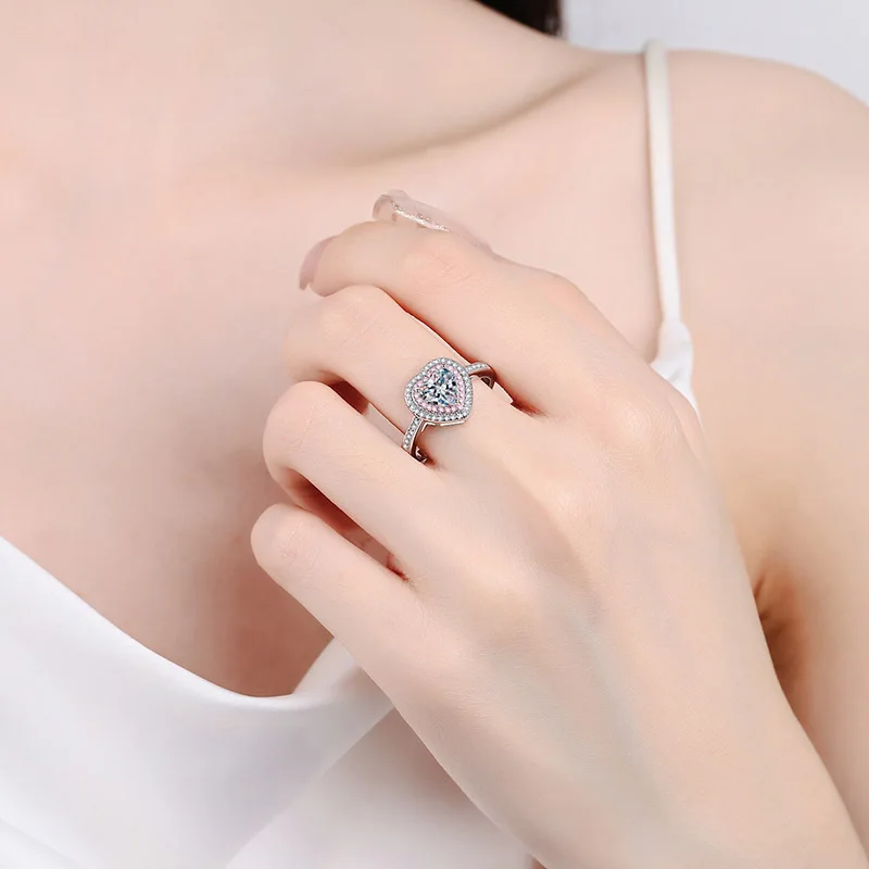 Anel Moissanite em forma de coração para mulheres, ouro branco 18 quilates, joias para casamento coração a coração, anel de 1 quilate, luxo