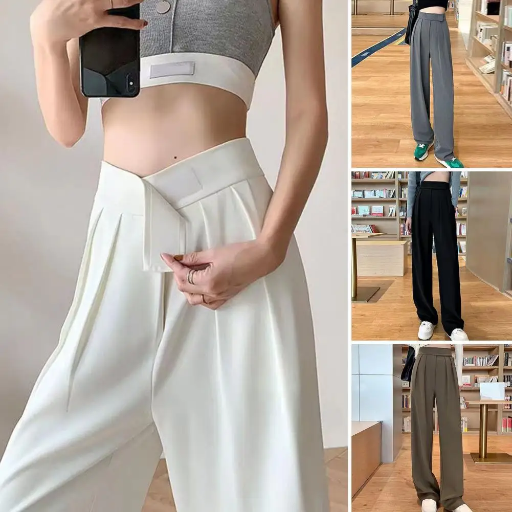 Women Pants Elegant Women's High Waist Wide Leg Suit Pants for Formal Ol Commute Adjustable Fasten Tape Loose Fit Trousers Solid