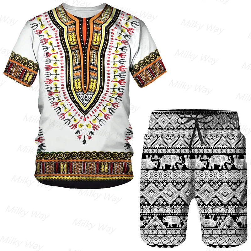 Men's Summer Bohemia Style Tracksuit T-Shirt Shorts Set Vintage Outfits Casual Suit Outdoor Clothing Male Large Size Streetwear