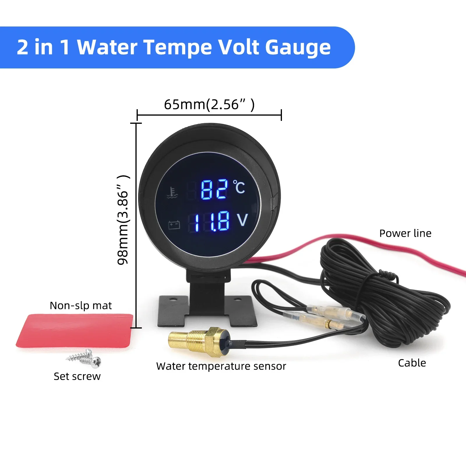 2 in 1 LED Voltmeter Digital Water Temp Gauge Temperature Sensor For 12V24V Car Truck