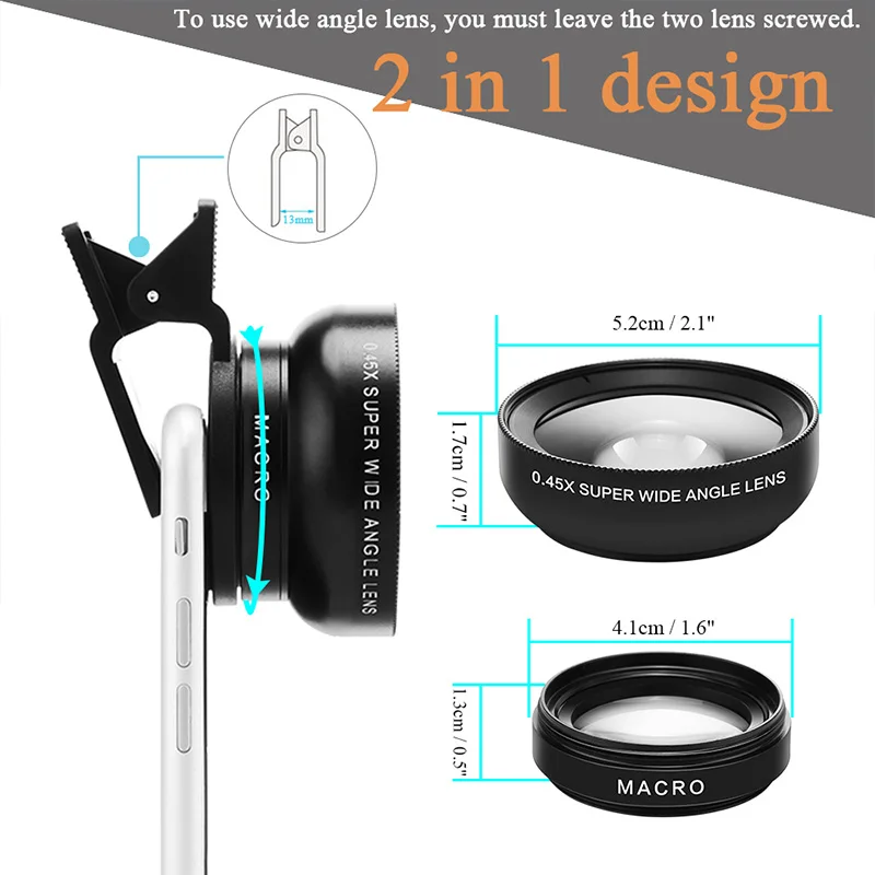 2IN1 Lens Camera Universal Clip 37mm Professional 0.45x 49uv Super Wide-Angle Macro Lens For iPhone 15 12 Samsung Huawei Xiaomi