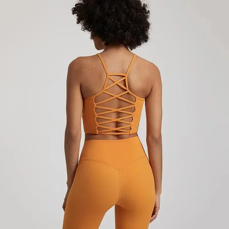 Lemon Crew Neck Cross Back Women Fitness Bra Sport Yoga Underwear Top Chest Pad High Strength Comprehensive Training Jog