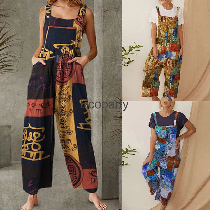 

3xl Women's Fashion Bohemian Loose Jumpsuit Female Sleeveless Temperament Leisure Printed Wide Leg Vacation Playsuits Bodysuit