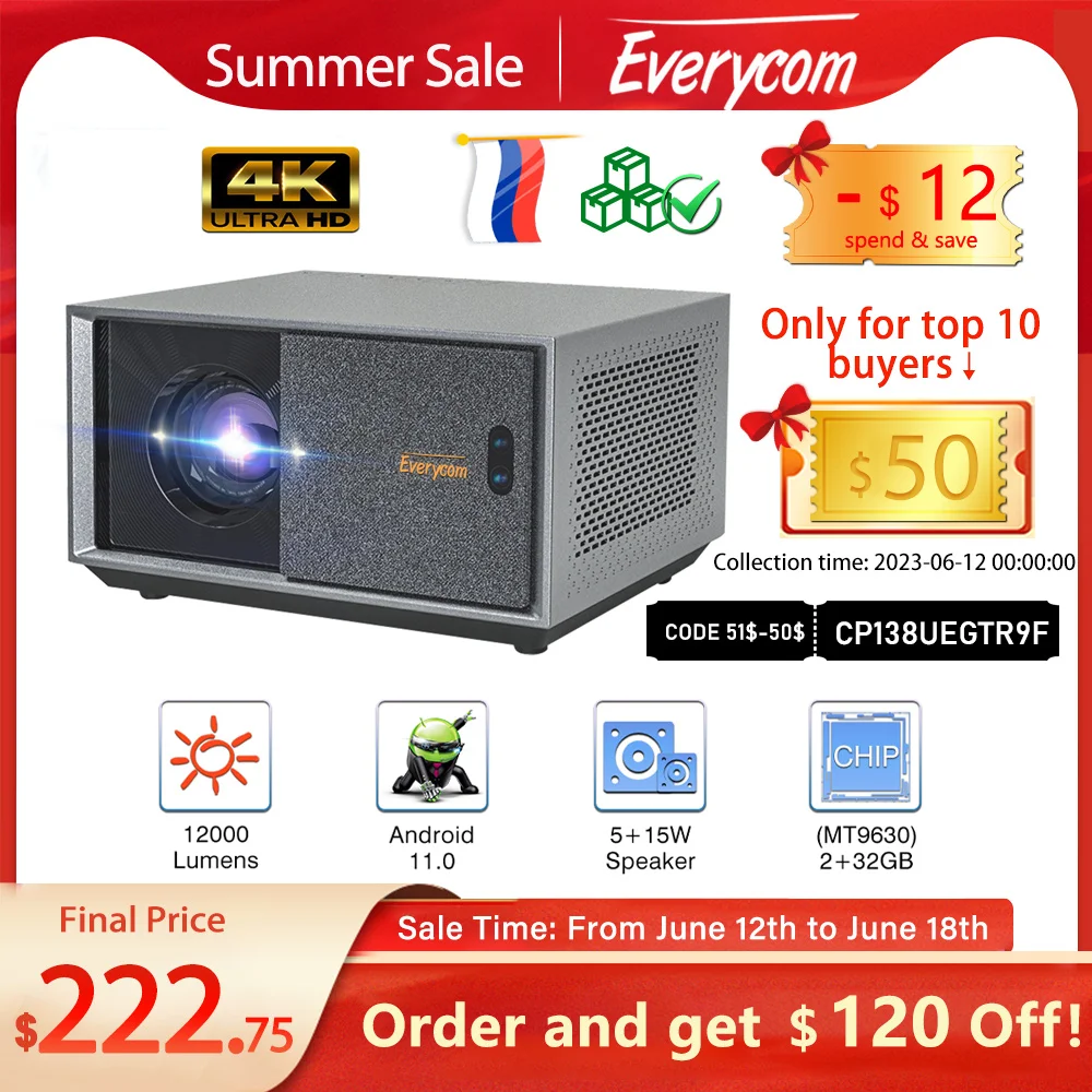 Everycom 풀 HD 프로젝터, 5G 와이파이 LED 4K 비디오 영화, 스마트 안드로이드 11.0, 12000 루멘 ...