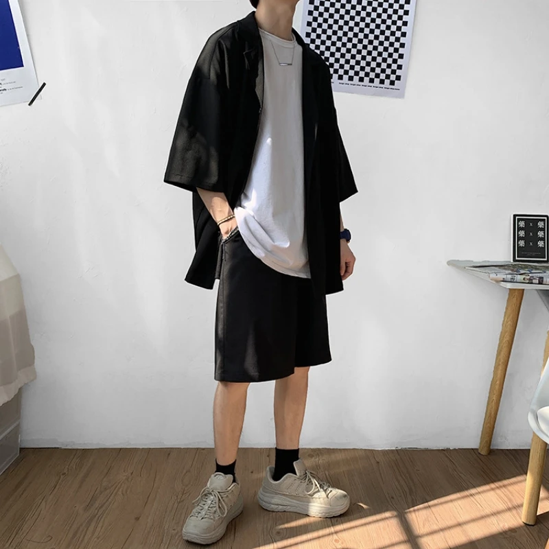 Men's Summer Loose Fitting Casual Suit Fahion Handsome Solid Color Half Sleeve Shirts Shorts Two Pieces Set