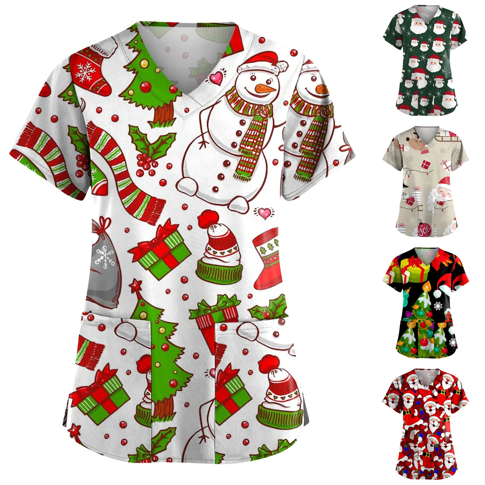 Nurse Uniforms Women Merry Christmas Print Short Sleeve V-neck Scrubs Working Medical Blouse Overalls Uniforms Medical Nursing