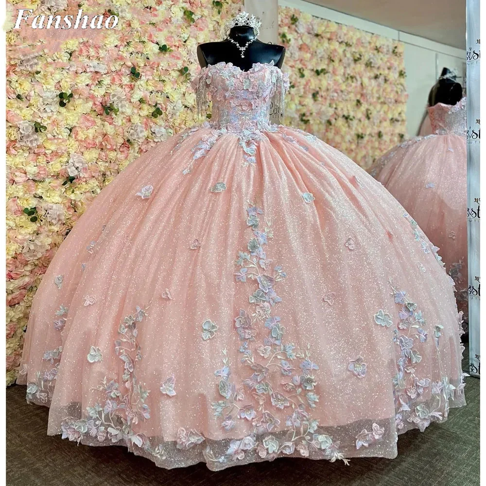 

Fanshao pd143 Tassel Off Shoulder Appliques Quinceanera Dress Sweep Train For 15 Girls Sleeveless Ball Gown Formal Party Gown