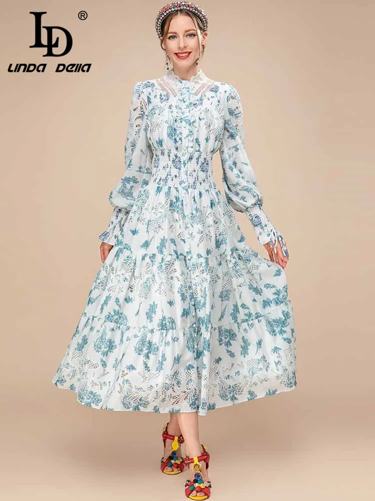 

LD LINDA DELLA 2023 New Fashion Runway Spring Dress Women's Lantern Sleeve Hollow out Flower Print Vacation Elegant Dress