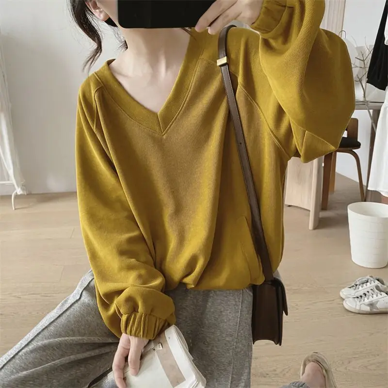 High Quality V-Neck Solid Color Loose Folds Blouse Female Clothing Autumn New Oversized Casual Pullovers All-Match Commute