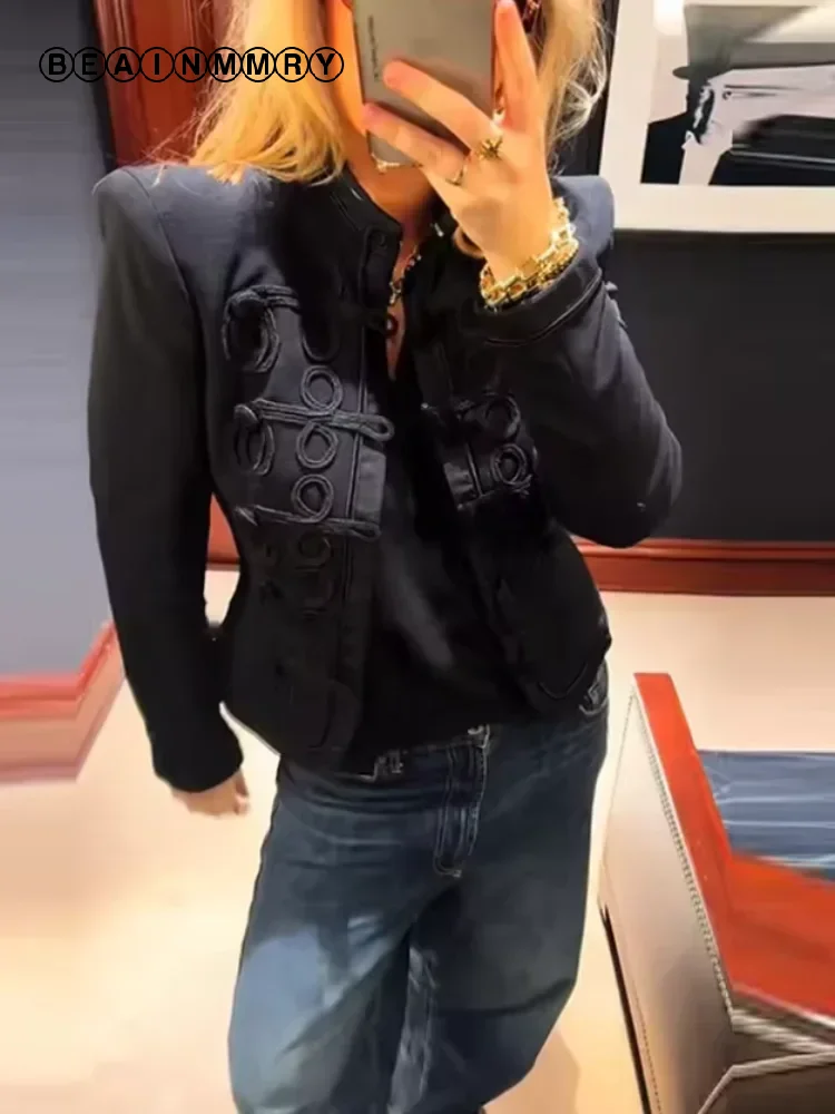 Women Chic Denim Military Jacket Casual Solid Stand Collar Single Breasted Short Coat 2026 New Lady Daily High Street Outerwear