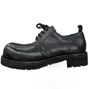 Europe/American Designers Retro Black Washed Cowhide Thick-soled Heightening Shoes Comfortable Soft-faced Big Head Leather Shoes