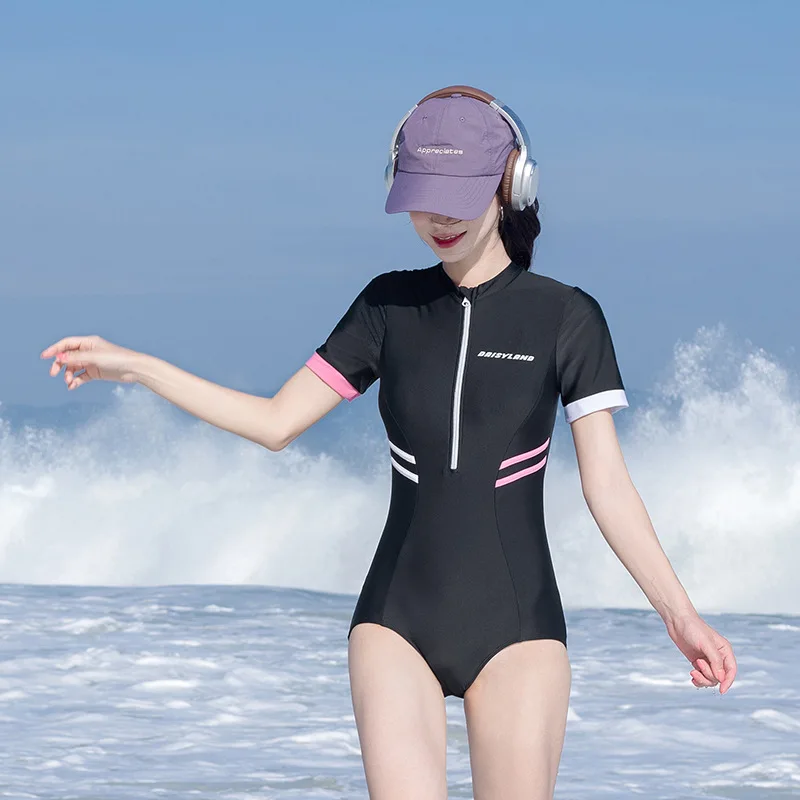 Women Modest One Piece Bathing Suit Short Sleeve Tummy Control Swimsuit Zipper Front Surfing Athletic Rash Guards