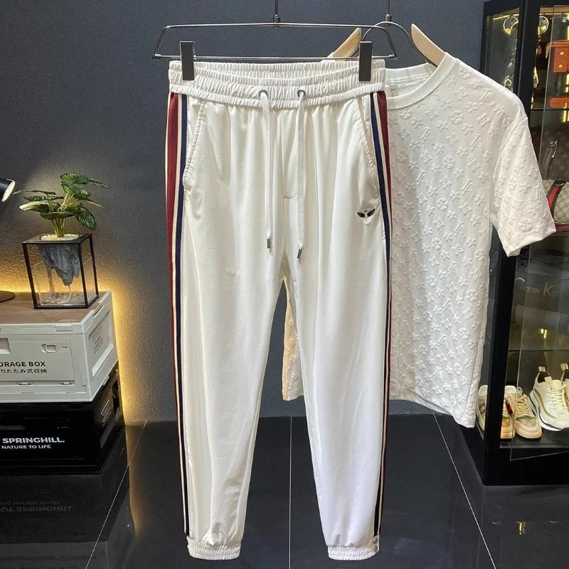 Embroidered Ice Silk Boyfriend 2024 Summer Thin Patchwork Elasticized High Waited Pocket Drawstring Fashion Sports Casual Pants