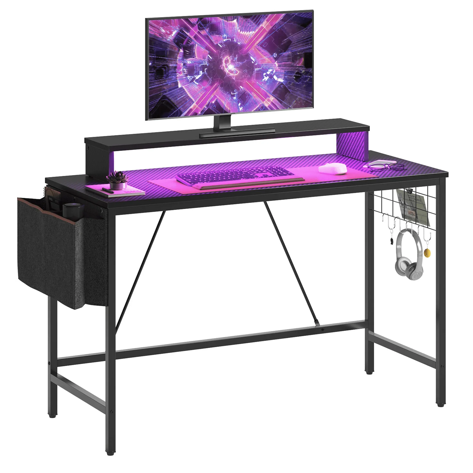 41.7 inch Gaming Desk with LED Monitor Stand, Storage Pocket, Gaming Room and Home Office, Carbon Fiber Patten 6