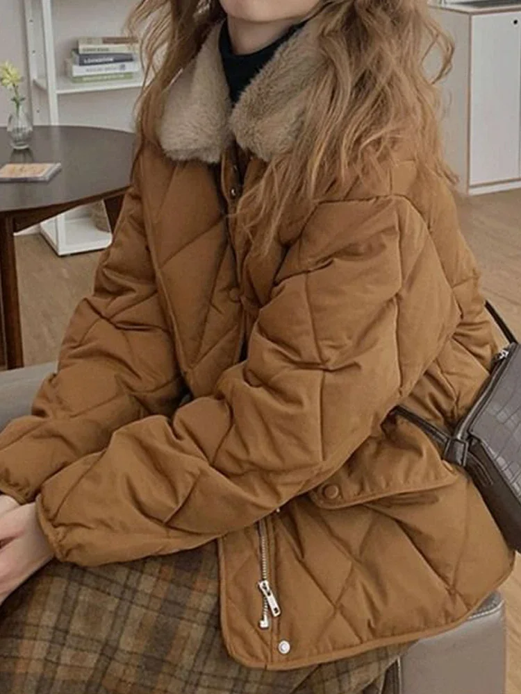 

Argyle Padded Jacket Women Autumn Winter Warm Thick Parkas Female Korean Fashion Casual Loose Single Breasted Fluffy Down Coats