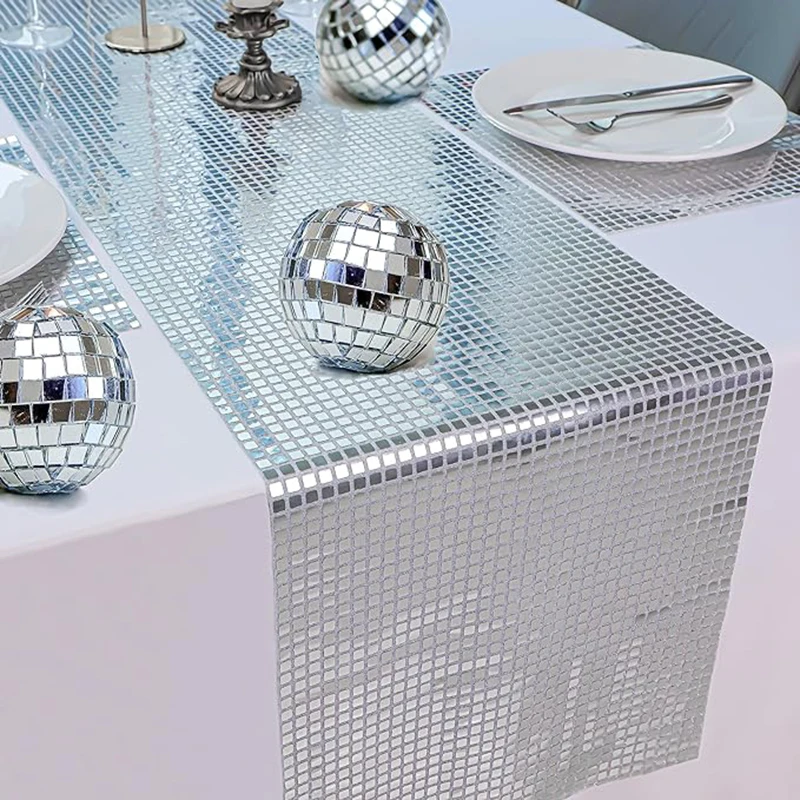 

Glitter Disco Party Table Runner Mirror Silver Table Runner 70s 80s Themed Birthday Bachelorette Dance Party Table Decoration