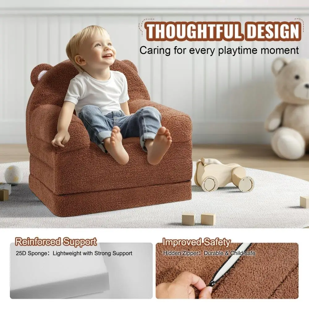 for kids Sofa Foldable 2-in-1 Toddler Chair Convertible Sofa Lounger Playroom Furniture Soft Comfy Brown 5