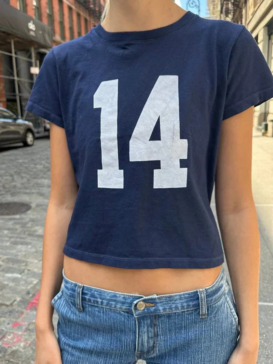 American Vintage 14 Print Navy T-shirts Summer Round Neck Short Sleeve Cotton Cropped Tees Streetwear Casual Basic Pullovers Top 2