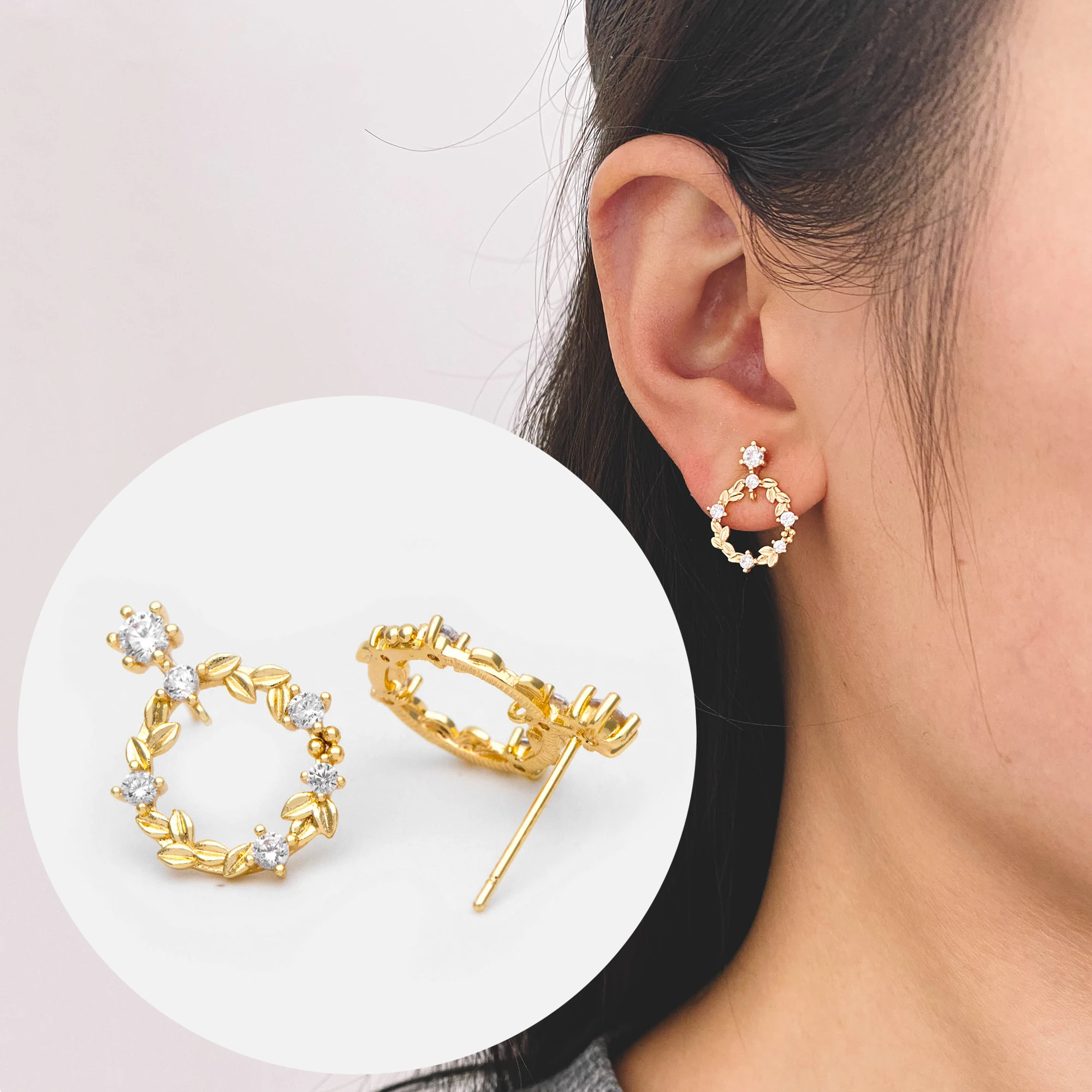 

10pcs CZ Paved Garland Ear Posts 19x14mm, Real Gold Plated Brass Stud Earrings (#GB-1119)
