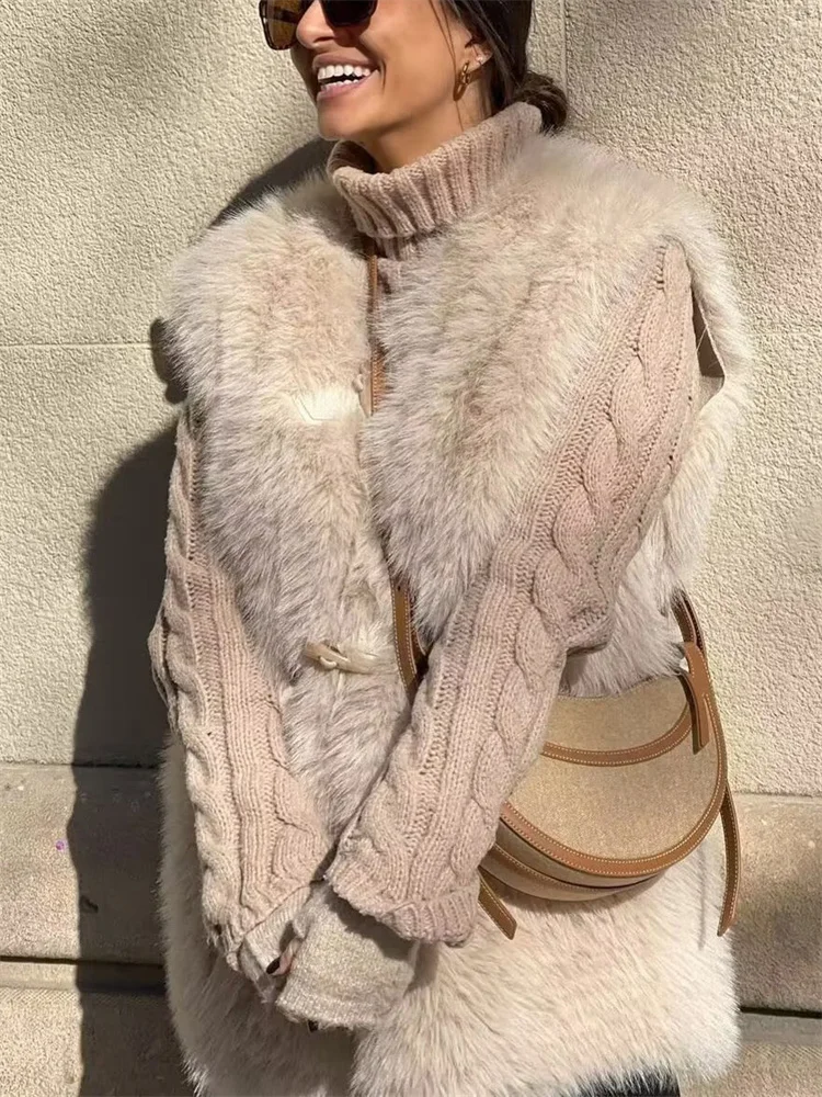 

Woman Sweet Camel Loose Fur Tank 2023 Autumn Female Soft Warm Sleeveless Coat Ladies Elegant Cow Horn Button Jackets