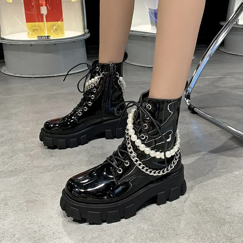 2023 New Fashion PU Leather Pearl Chain Platform Black Booties Punk British Style Casual Shoes Women's Ankle Boots Autumn