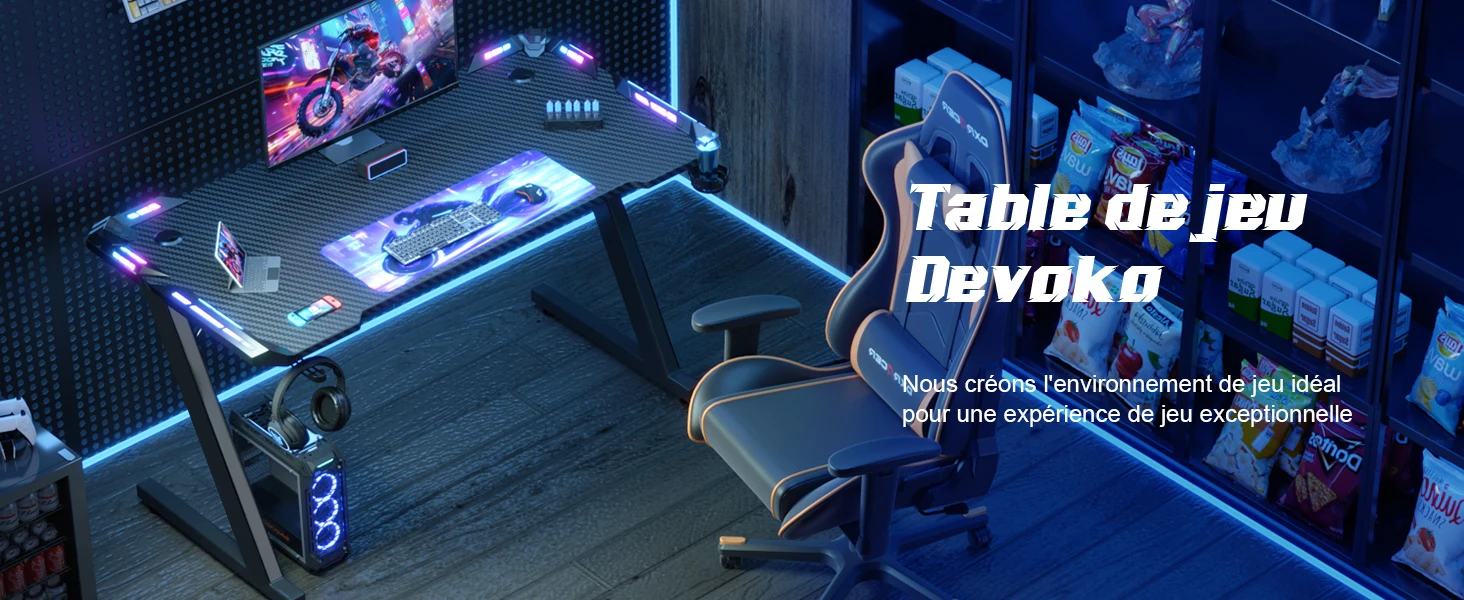with LED lighting, glass top, ergonomic design and cup holder. Located in a dimly lit room with gaming peripherals visible