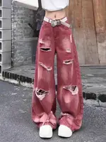 Jean Cargo Déchiré Rose Y2k pour Femme, Denim Harajuku, Style Vintage Japonais des Années 2000 3