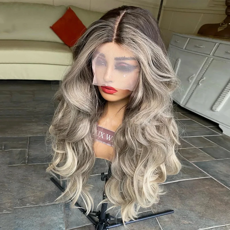 Dark Ash Blonde Grey Highlights Synthetic Blended Wigs 28 inches Long Body Wave Wig Ombre Dark Roots Lightwight Ladies Wig