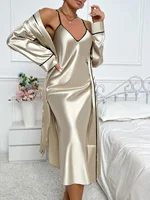 Women's Sexy Fashion 2 Piece Pajama Set  V-Neck Slip Dress with Long Robe Sleepwear - Image 3