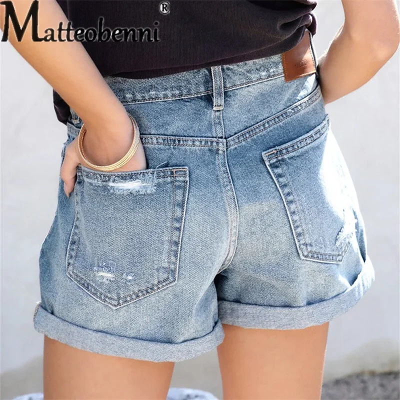 Fashion Mid Waist Button Splicing Broken Holes Denim Shorts Women Casual Stretch Three Quarter Pants Female Straight Mini Jeans