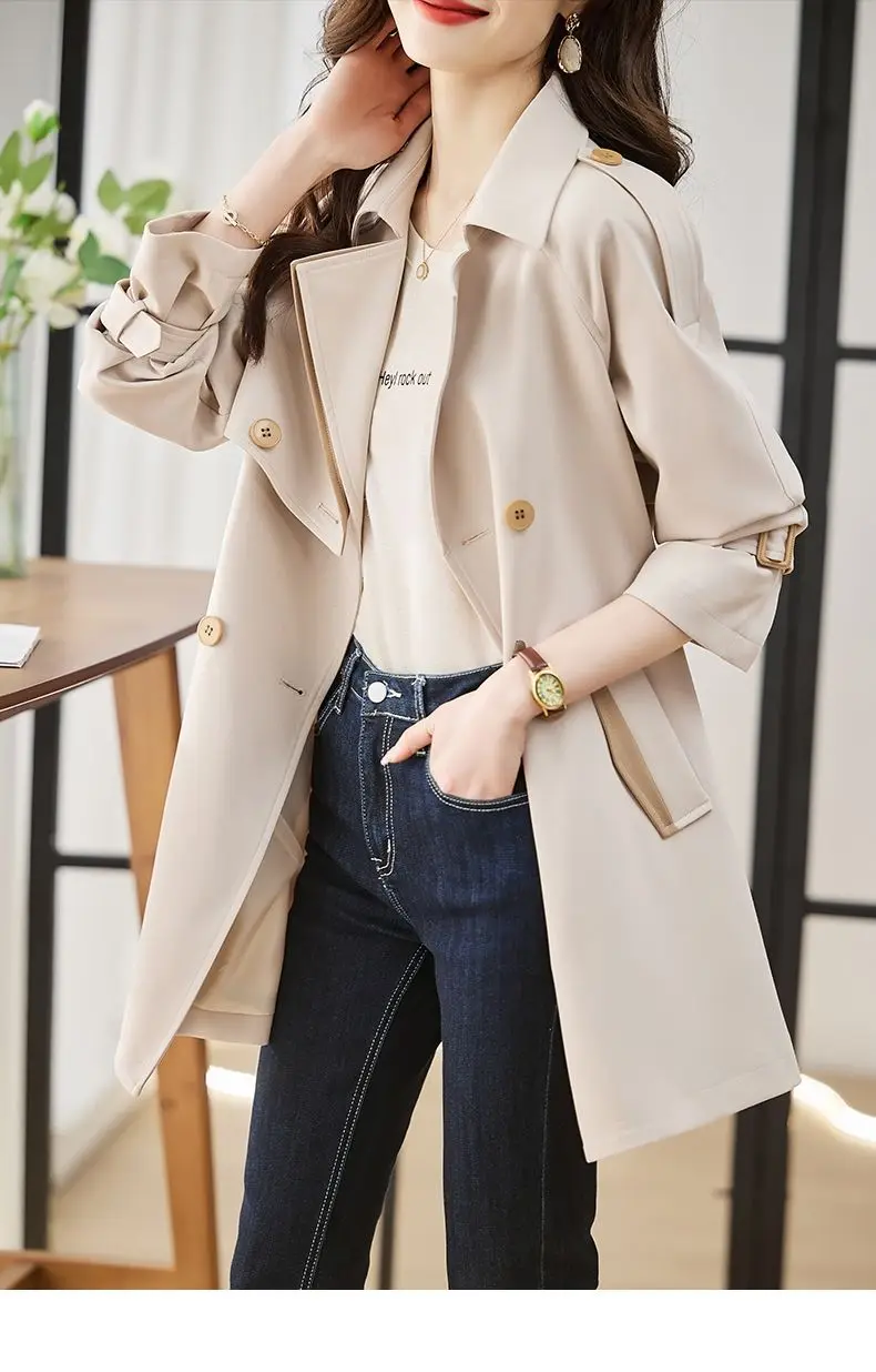 Solid Mid length Trench for Women Fall Winter 2023 New Vintage Turn Down Collar Long Sleeve Jacket Loose Double Breasted Coat