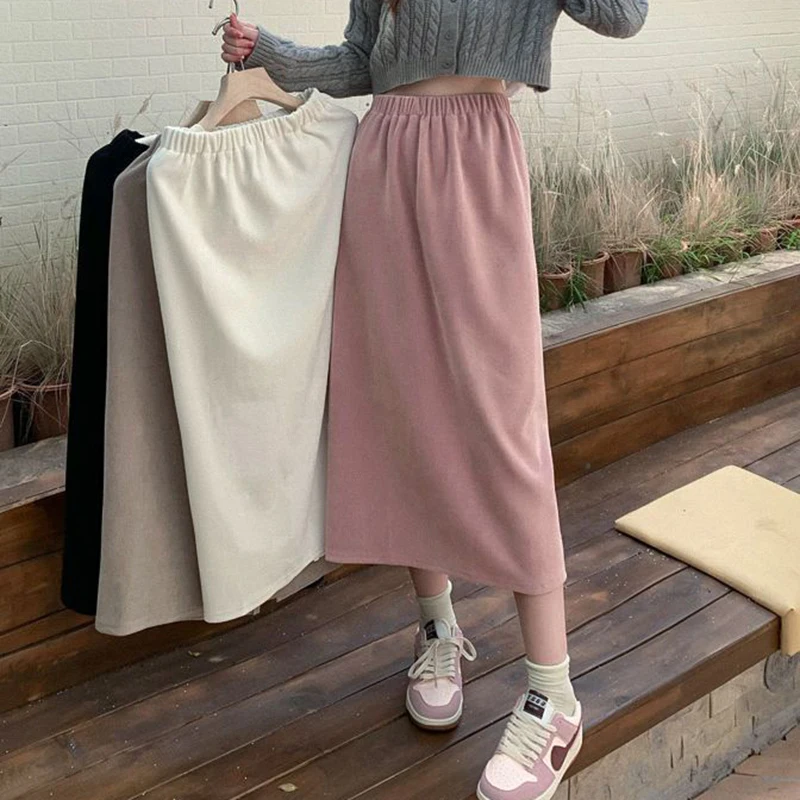 

Autumn Winter Thicken Casual Skirts Women Korean High Waist Back Split Long Skirt Woman Simple Loose Pink Midi Skirts