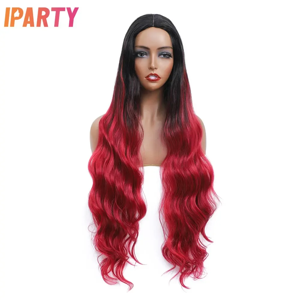 

Ombre Red Wine Synthetic Lace Wig Middle Part 34 Inches Long Wavy Wigs For Women Heat Resistant Multi Color Optional Daily Party