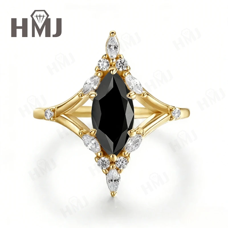 925 Sterling Silber Moissanit Halo-Ring - Marquise-Schliff D-Farbe/Schwarz/Champagner Feiner Schmuck Muttertags-Schmuckgeschenk für Sie – Detail 6