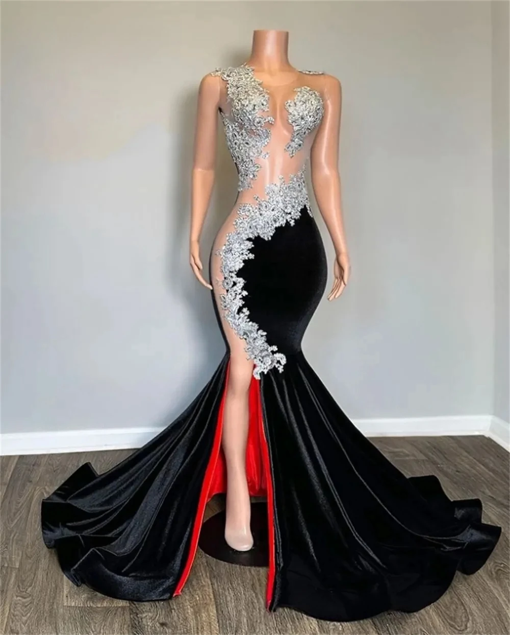 

Slit Sheer Black Long Prom Dresses For Black Girls Appliques Birthday Party Dresses African Mermaid Evening Gown Robe De