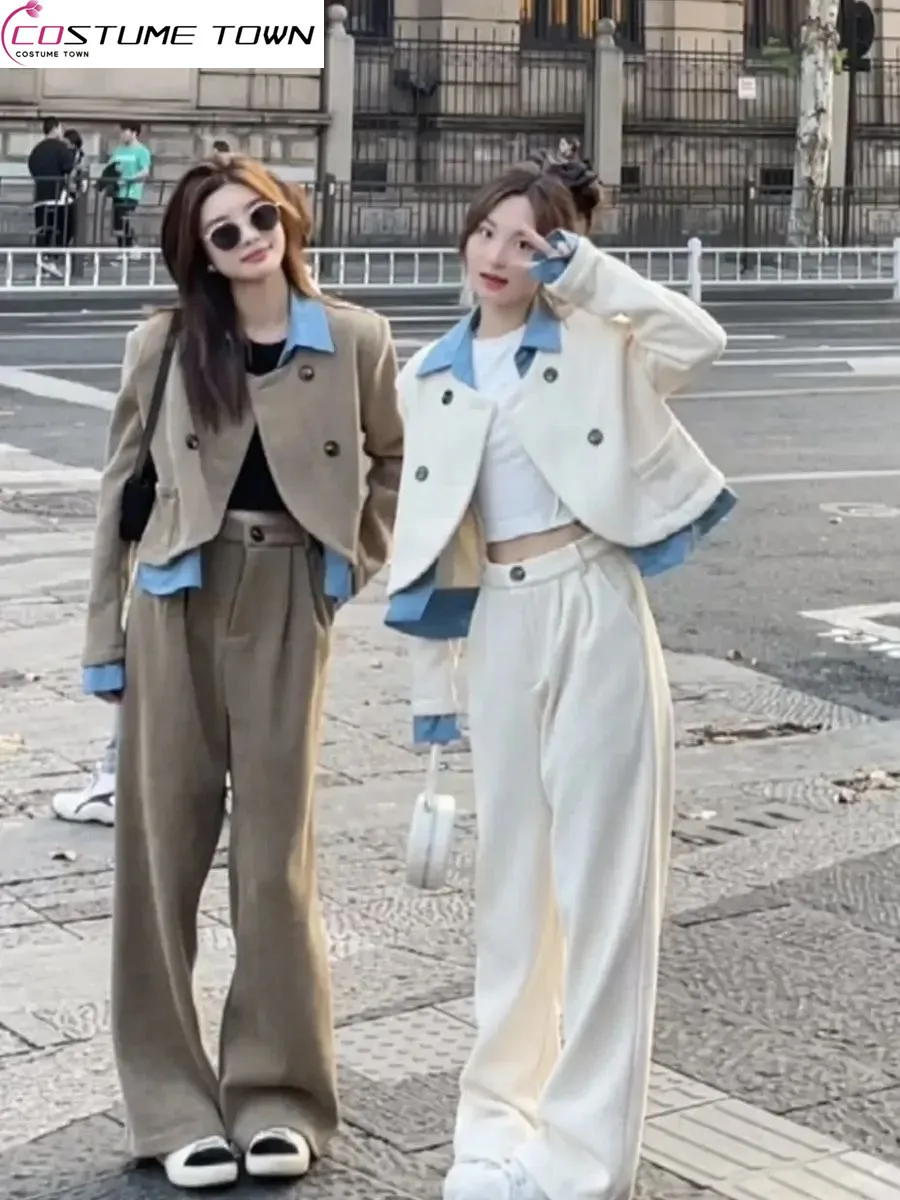 Spring and Autumn Women's Set 2023 New Korean Version Casual Versatile Fake Two Piece Suit Coat Wide Leg Pants Two Piece Set autumn and winter 2023 new sweater korean version slim fake two pieces of stitched sweater high quality shirt collar top